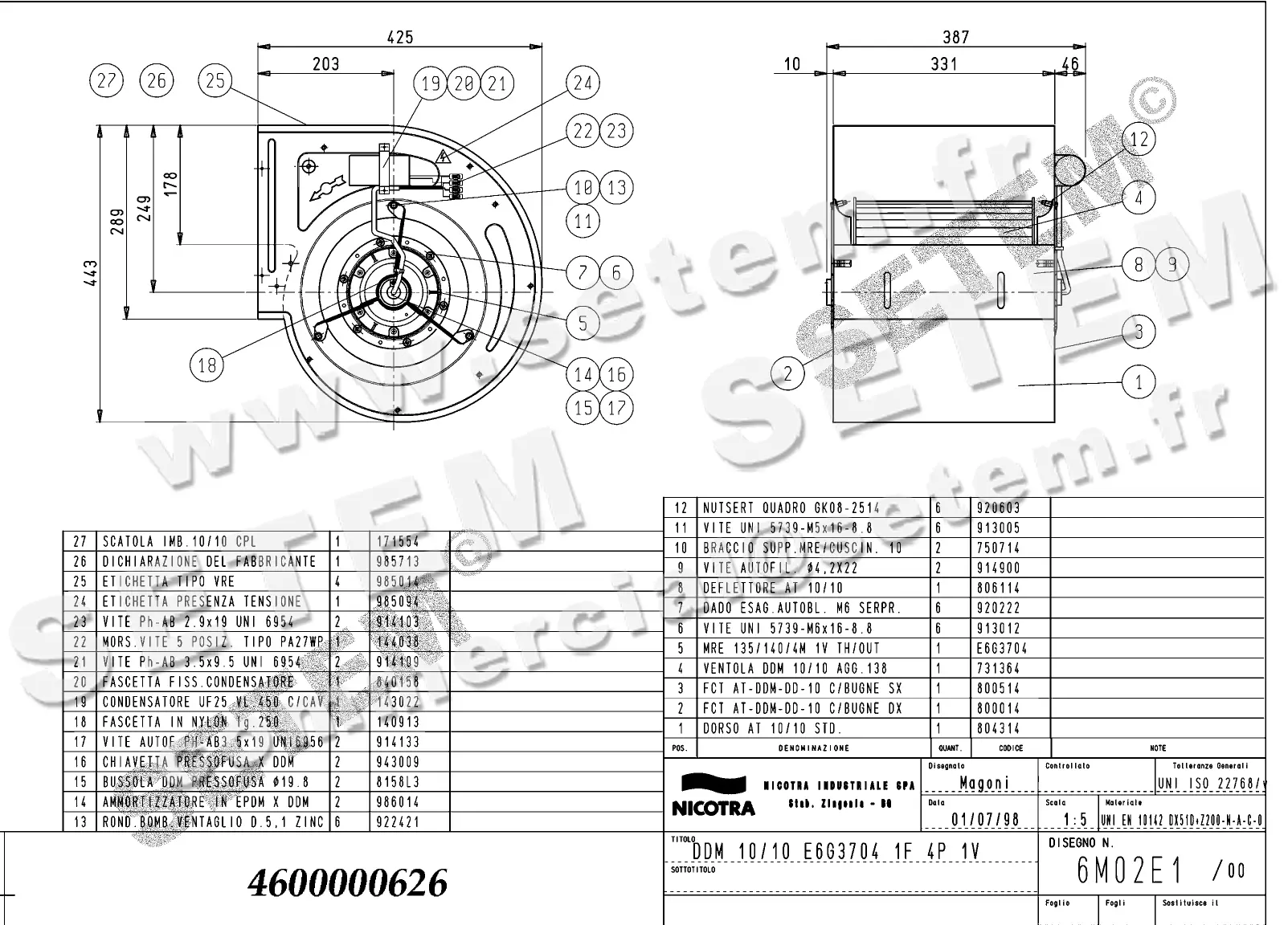 4624500626-VENTILATEUR NICOTRA DDM10/10 600W 4P M230V 1V E6G3704 *6M02E1*