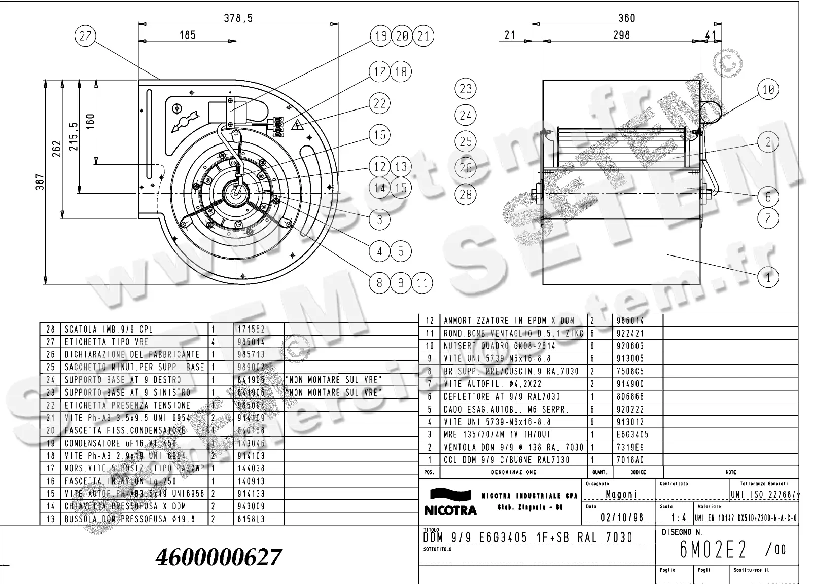 4624500627-VENTILATEUR NICOTRA DDM9/9 420W 4P M230V 1V E6G3405 +PI+PE *6M02E2*