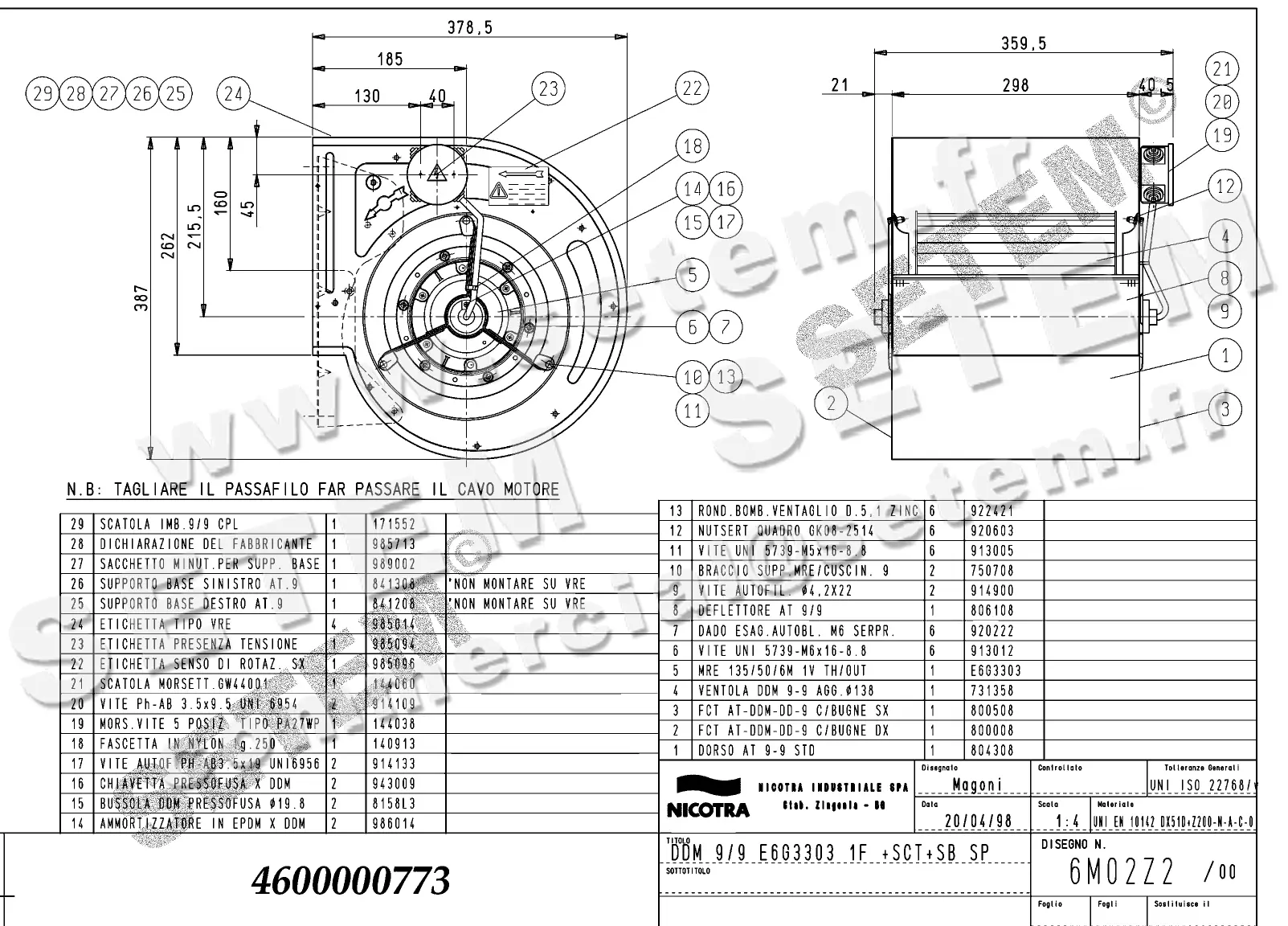 4624500773-VENTILATEUR NICOTRA DDM9/9 200W 6P M230V 1V E6G3303 SP +PI+BB *6M02Z2*