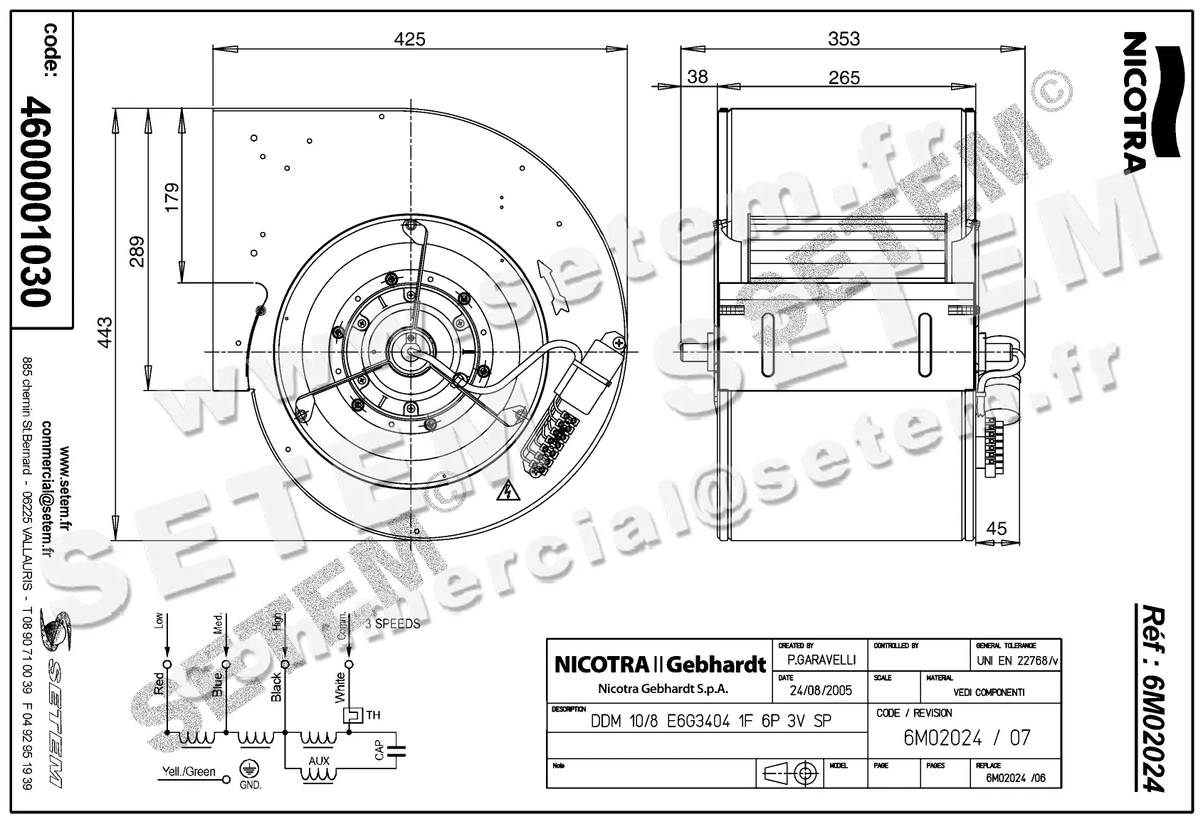 4624501030-VENTILATEUR NICOTRA DDM10/8 280W 6P M230V 3V EGG3404 *6M02024*