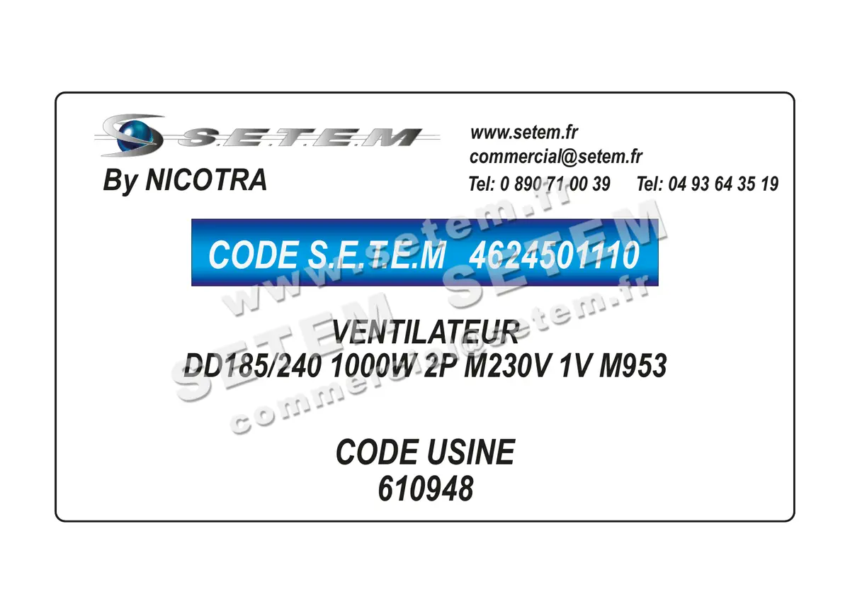 4624501110-VENTILATEUR NICOTRA DD185/240 1000W 2P M230V 1V M953 *610948*