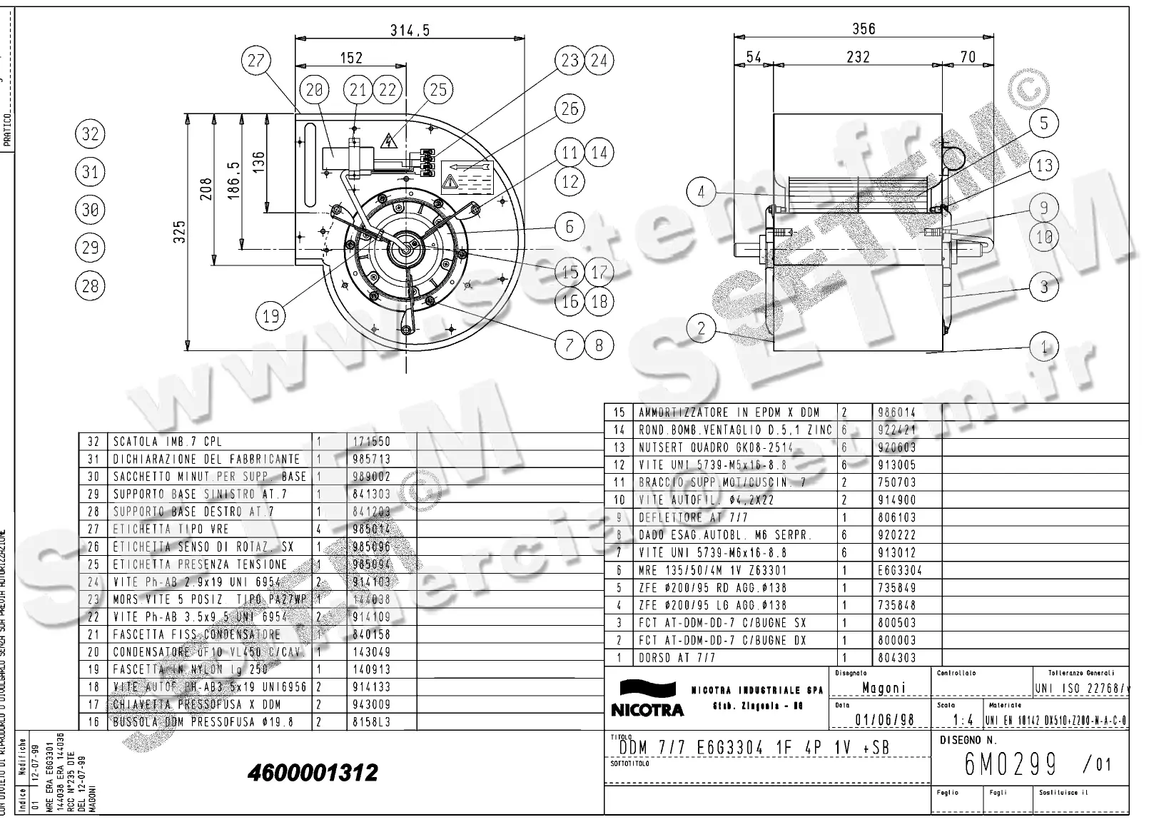 4624501312-VENTILATEUR NICOTRA DDM7/7 300W 4P M230V 1V E6G3304 +PI *6M0299*
