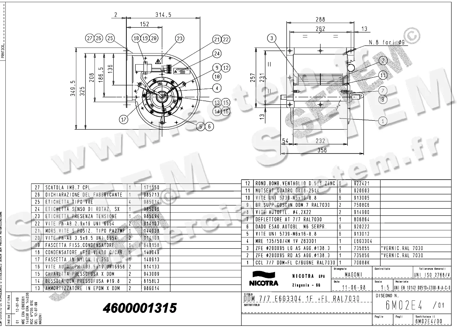 4624501315-VENTILATEUR NICOTRA DDM7/7 300W 4P M230V 1V E6G3304 +BR+RAL7030 *6M02E4*