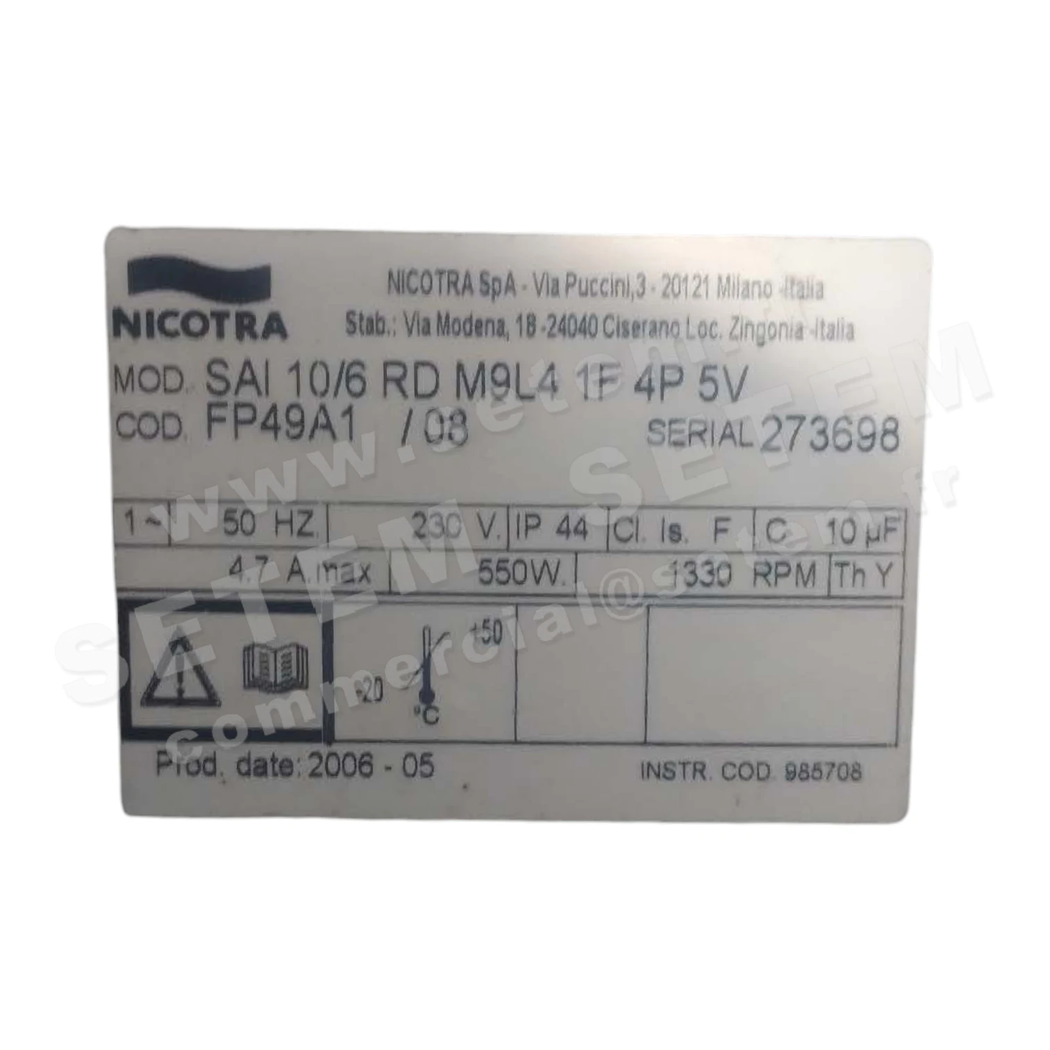 4624501712-VENTILATEUR NICOTRA SAI10/6RD 550W 4P M230V 5V M9L4 *FP49A1*