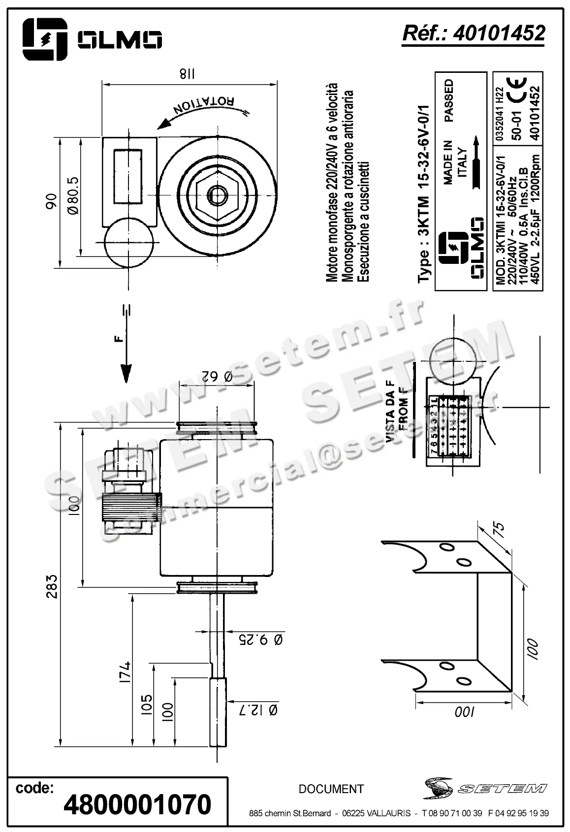 4800001070-MOTEUR OLMO 846301 3KTMI15.32.6V.0/1 "0352041H22" *40101452*