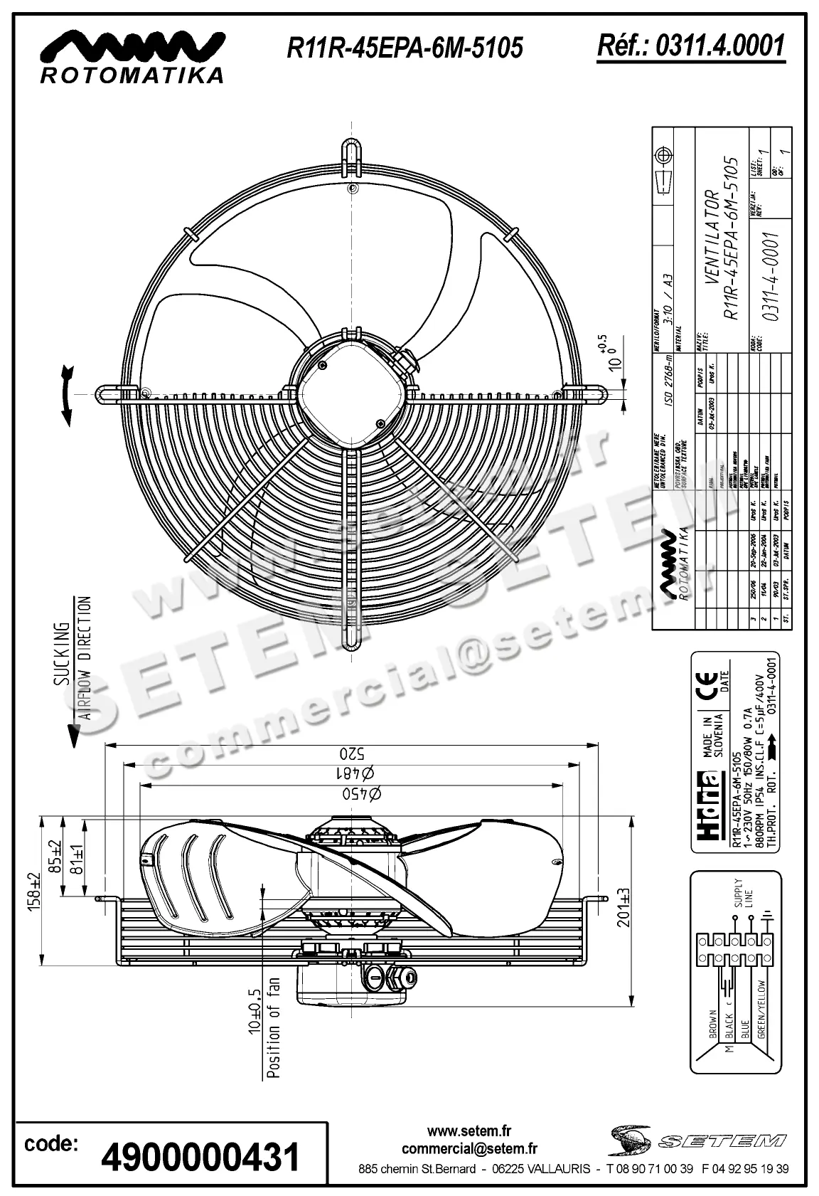 4900000431-VENTILATEUR HF R11R.45EPA.6M.5105 *0311.4.0001* 2