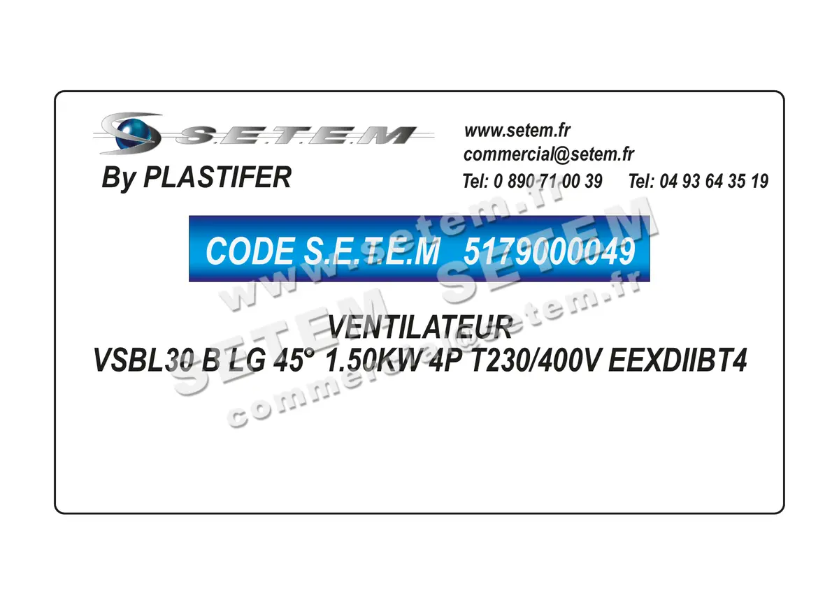 5179000049-VENTILATEUR PLASTIFER VSBL30 B LG 45° 1.50KW 4P T230/400V EEXDIIBT4