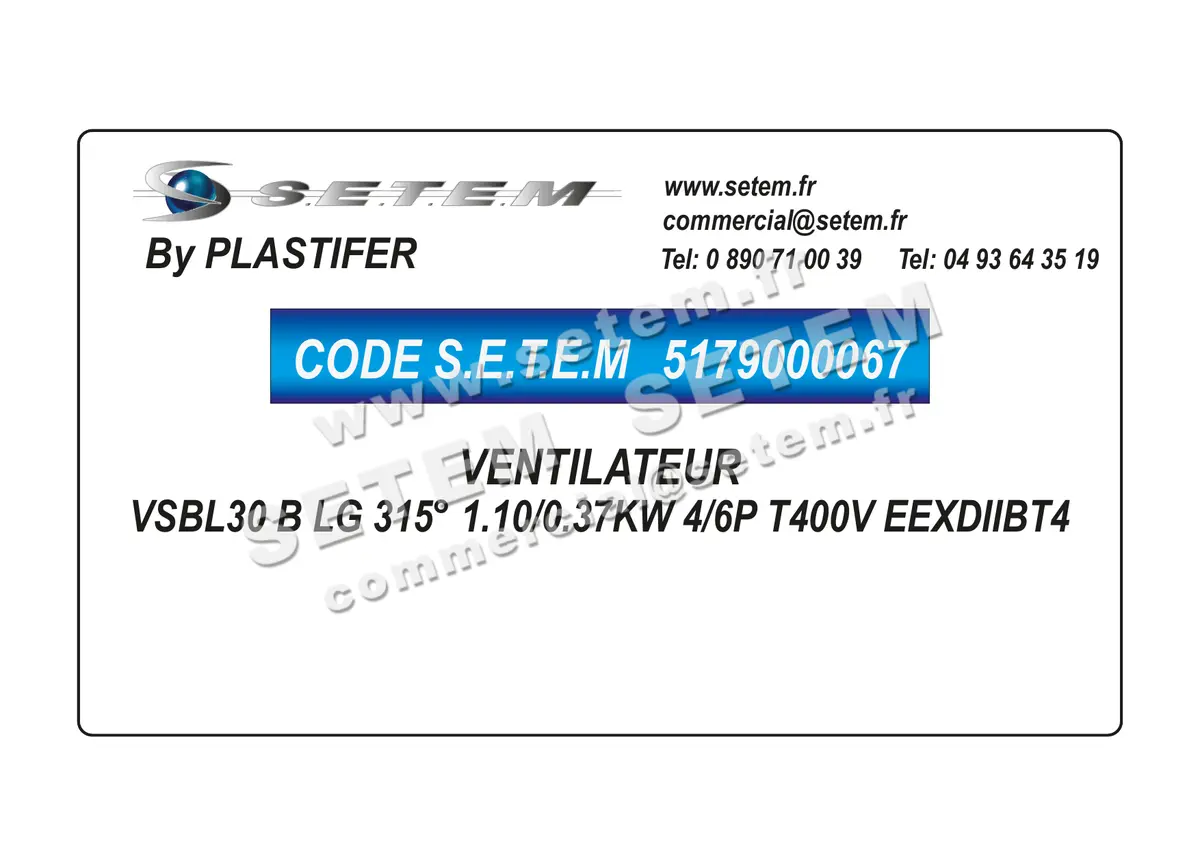 5179000067-VENTILATEUR PLASTIFER VSBL30 B LG 315° 1.10/0.37KW 4/6P T400V EEXDIIBT4