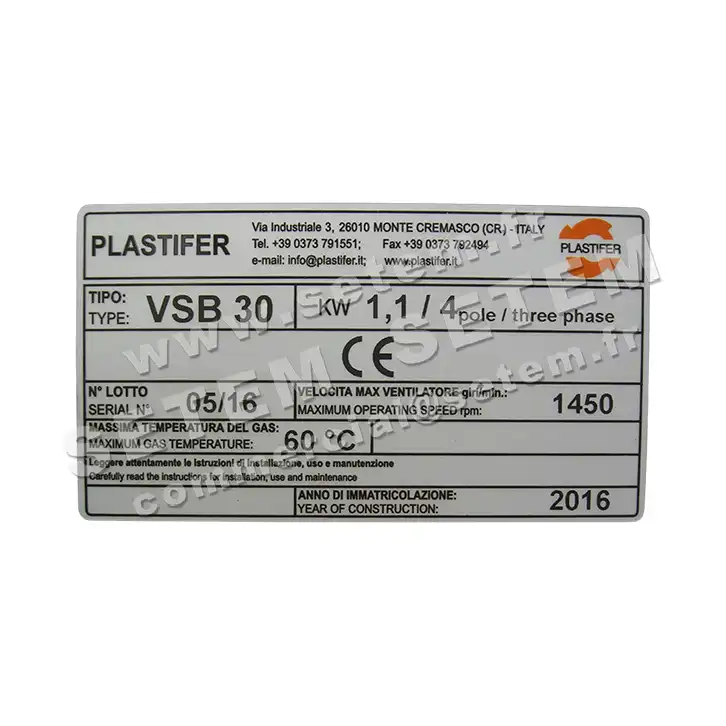 5179000420-VENTILATEUR PLASTIFER VSB30PP A LG 0° 1.10KW 4P T230/400V 2