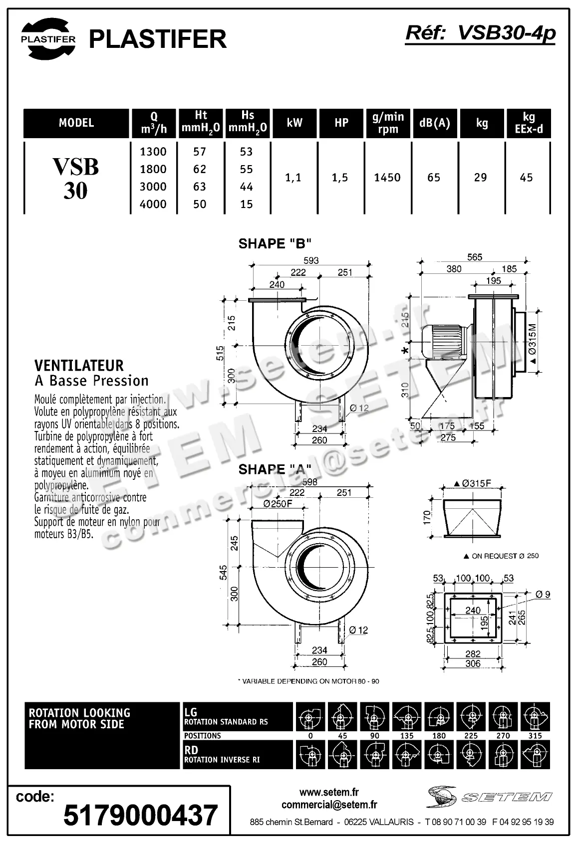 5179000437-VENTILATEUR PLASTIFER VSB30 A RD 315° 1.10KW 4P T230/400V 2