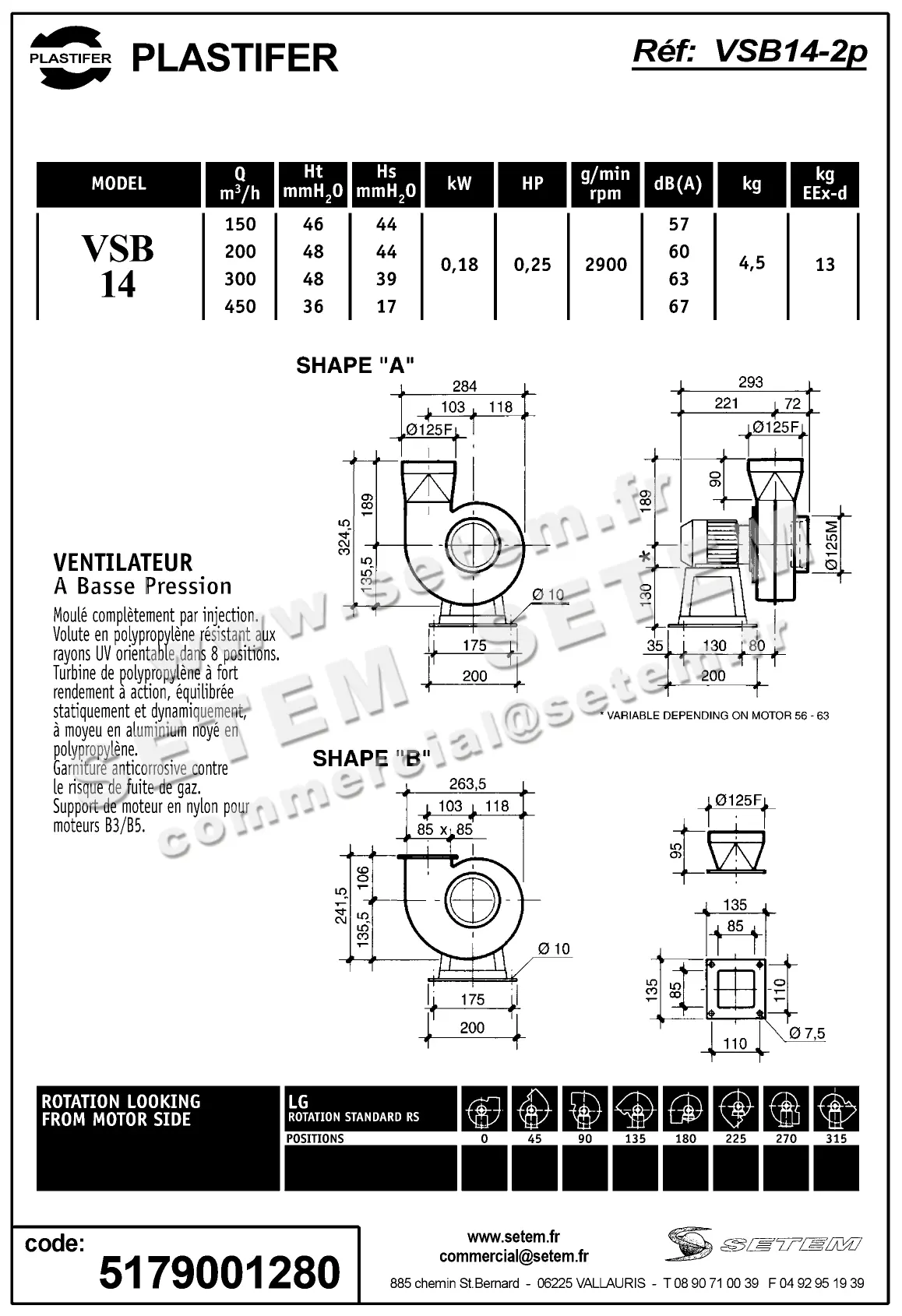 5179001280-VENTILATEUR PLASTIFER VSB14PP A LG 0° 0.18KW 2P M230V 2