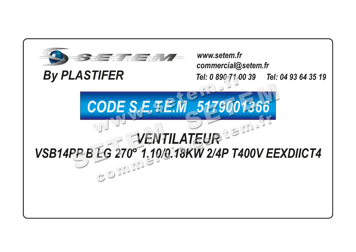 5179001366-VENTILATEUR PLASTIFER VSB14PP B LG 270° 1.10/0.18KW 2/4P T400V EEXDIICT4