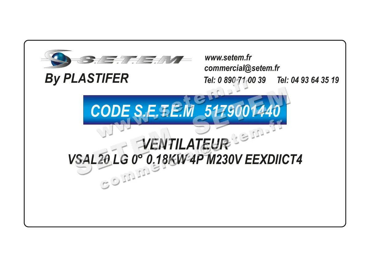 5179001440-VENTILATEUR PLASTIFER VSAL20 LG 0° 0.18KW 4P M230V EEXDIICT4