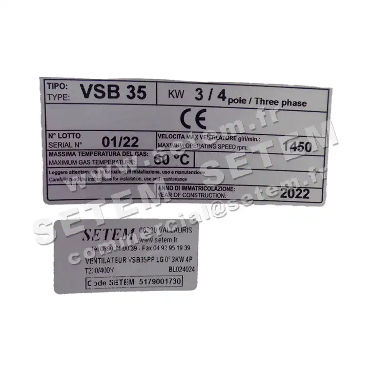5179001730-VENTILATEUR PLASTIFER VSB35PP LG 0° 3KW 4P T230/400V 2
