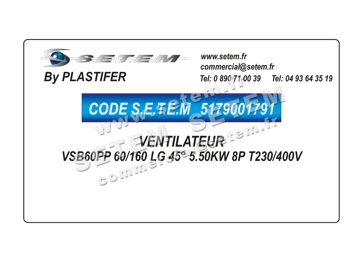 5179001791-VENTILATEUR PLASTIFER VSB60PP 60/160 LG 45° 5.50KW 8P T230/400V