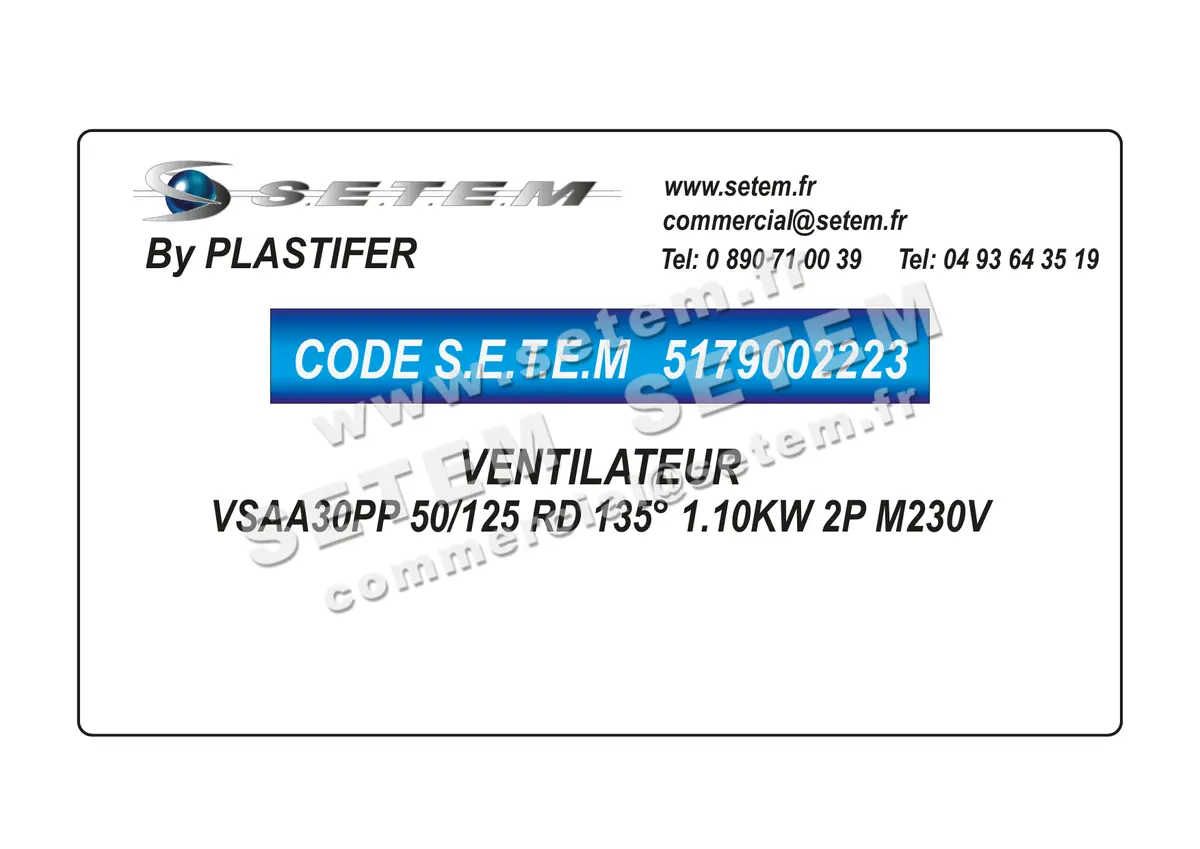5179002223-VENTILATEUR PLASTIFER VSAA30PP 50/125 RD 135° 1.10KW 2P M230V