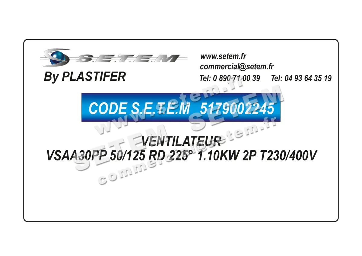 5179002245-VENTILATEUR PLASTIFER VSAA30PP 50/125 RD 225° 1.10KW 2P T230/400V