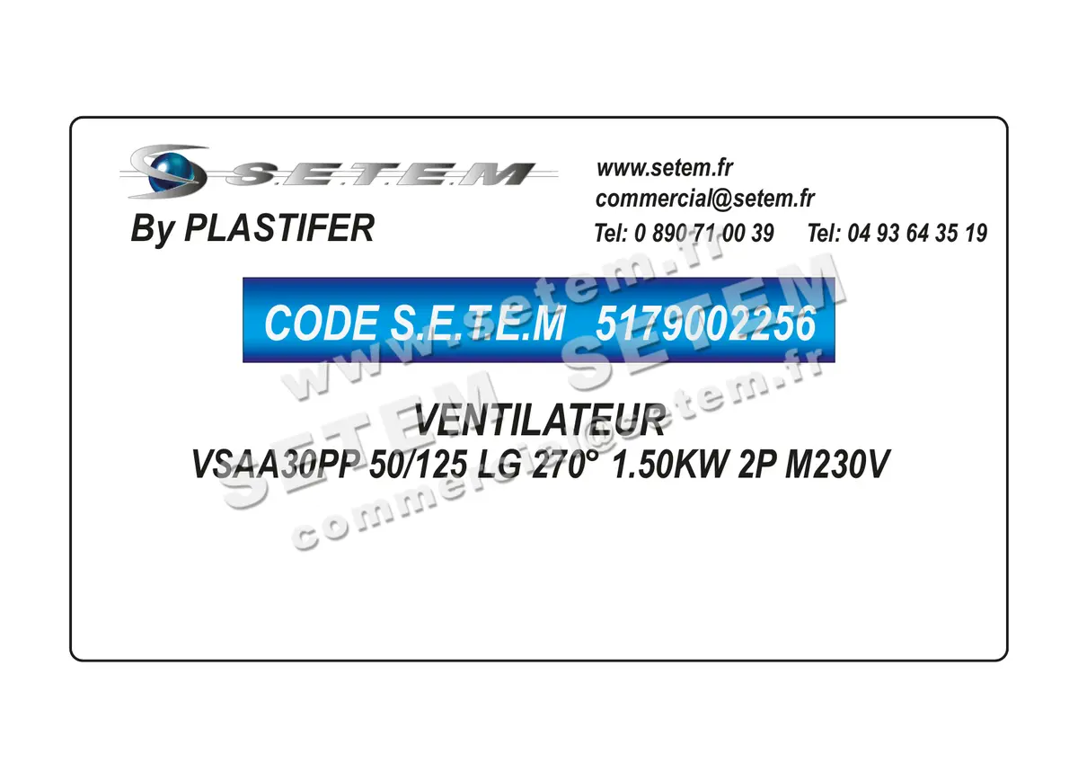 5179002256-VENTILATEUR PLASTIFER VSAA30PP 50/125 LG 270° 1.50KW 2P M230V