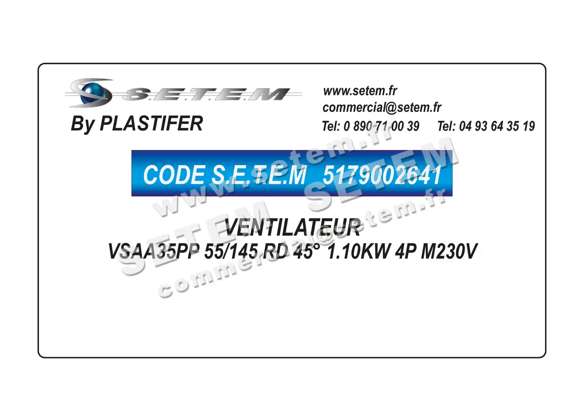 5179002641-VENTILATEUR PLASTIFER VSAA35PP 55/145 RD 45° 1.10KW 4P M230V