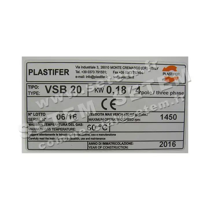 5179003020-VENTILATEUR PLASTIFER VSB20PP A LG 0° 0.18KW 4P T230/400V 2