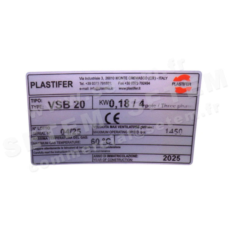 5179003022-VENTILATEUR PLASTIFER VSB20PP A LG 90° 0.18KW 4P T230/400V 5