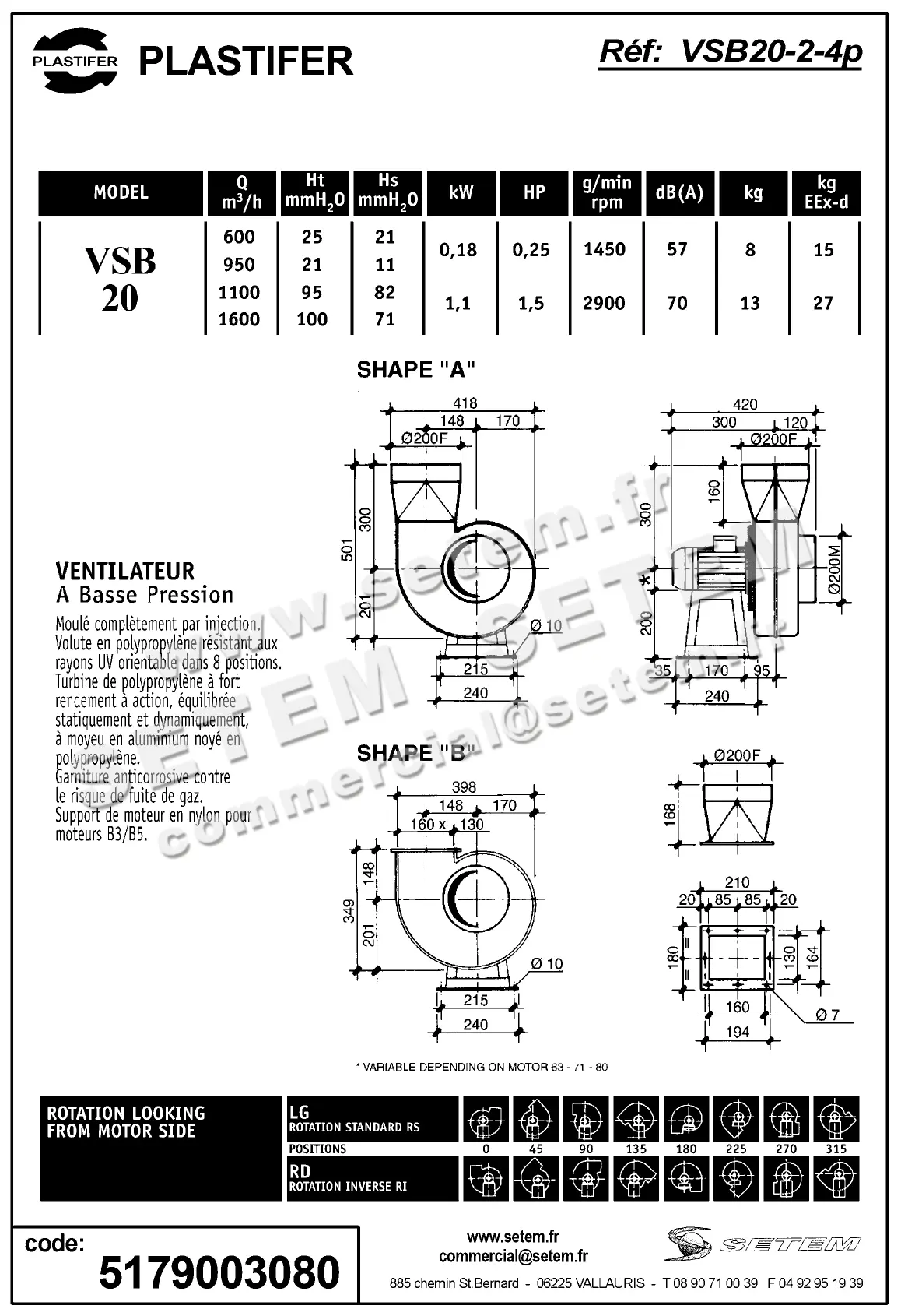 5179003080-VENTILATEUR PLASTIFER VSB20PP LG 0° 1.10/0.18KW 2/4P T400V EEXDIIBT4 2