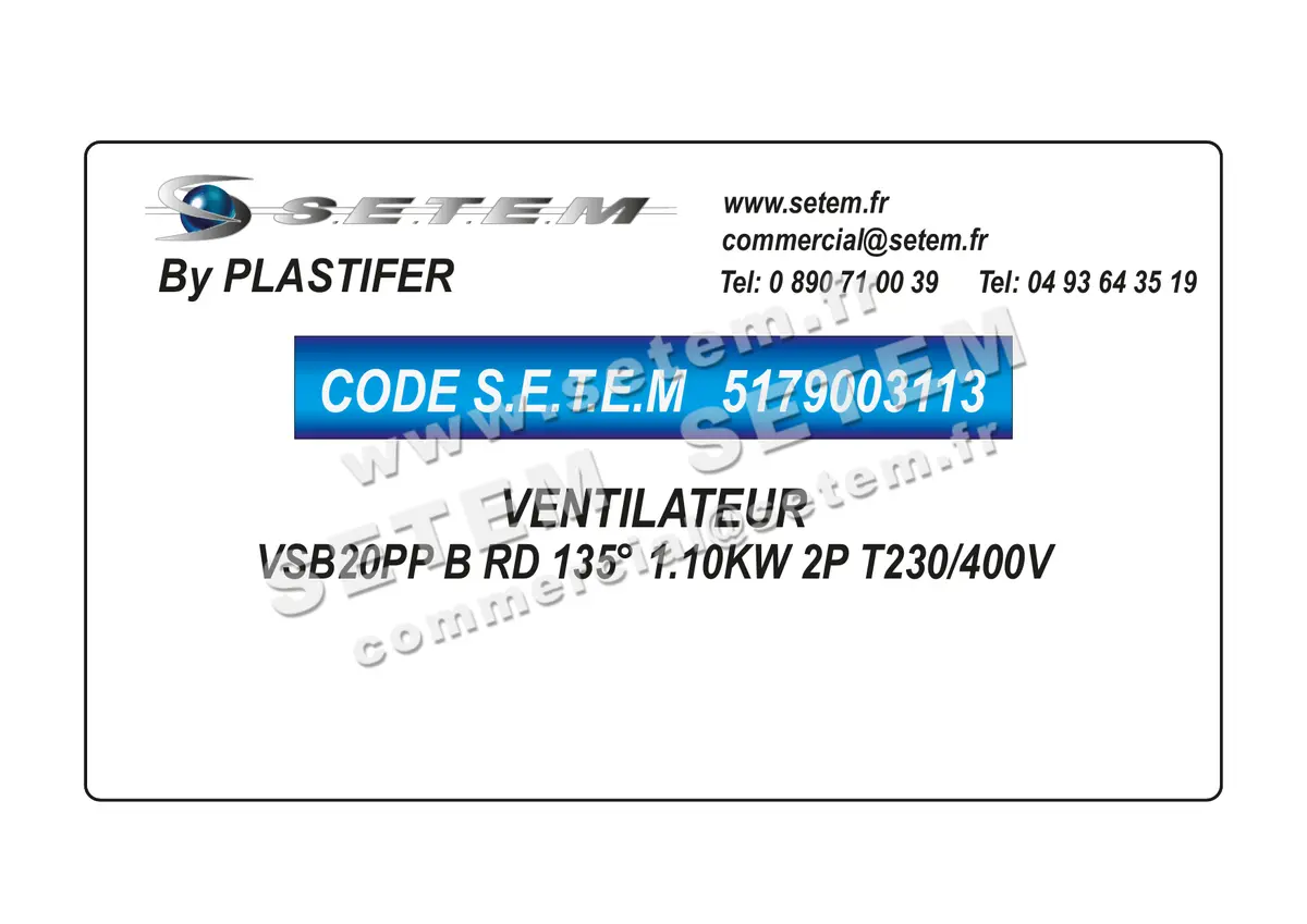 5179003113-VENTILATEUR PLASTIFER VSB20PP B RD 135° 1.10KW 2P T230/400V