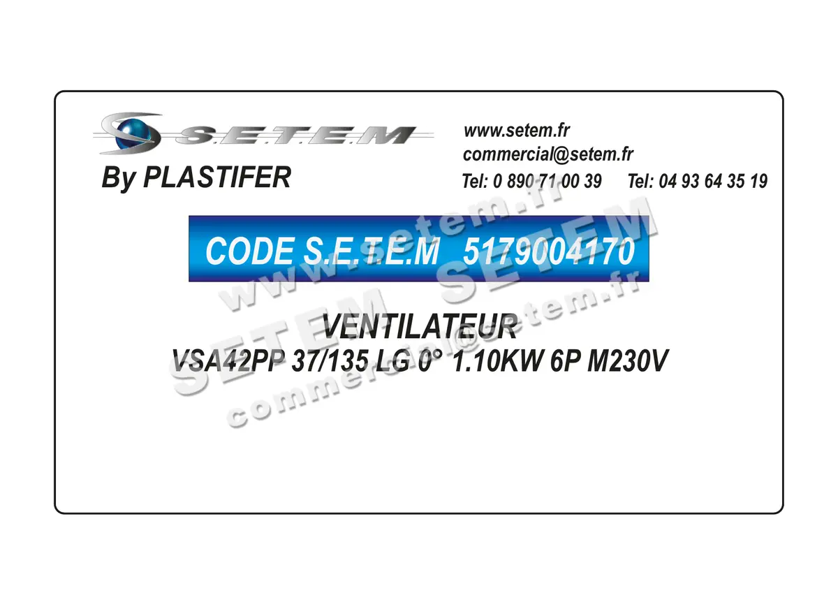 5179004170-VENTILATEUR PLASTIFER VSA42PP 37/135 LG 0° 1.10KW 6P M230V
