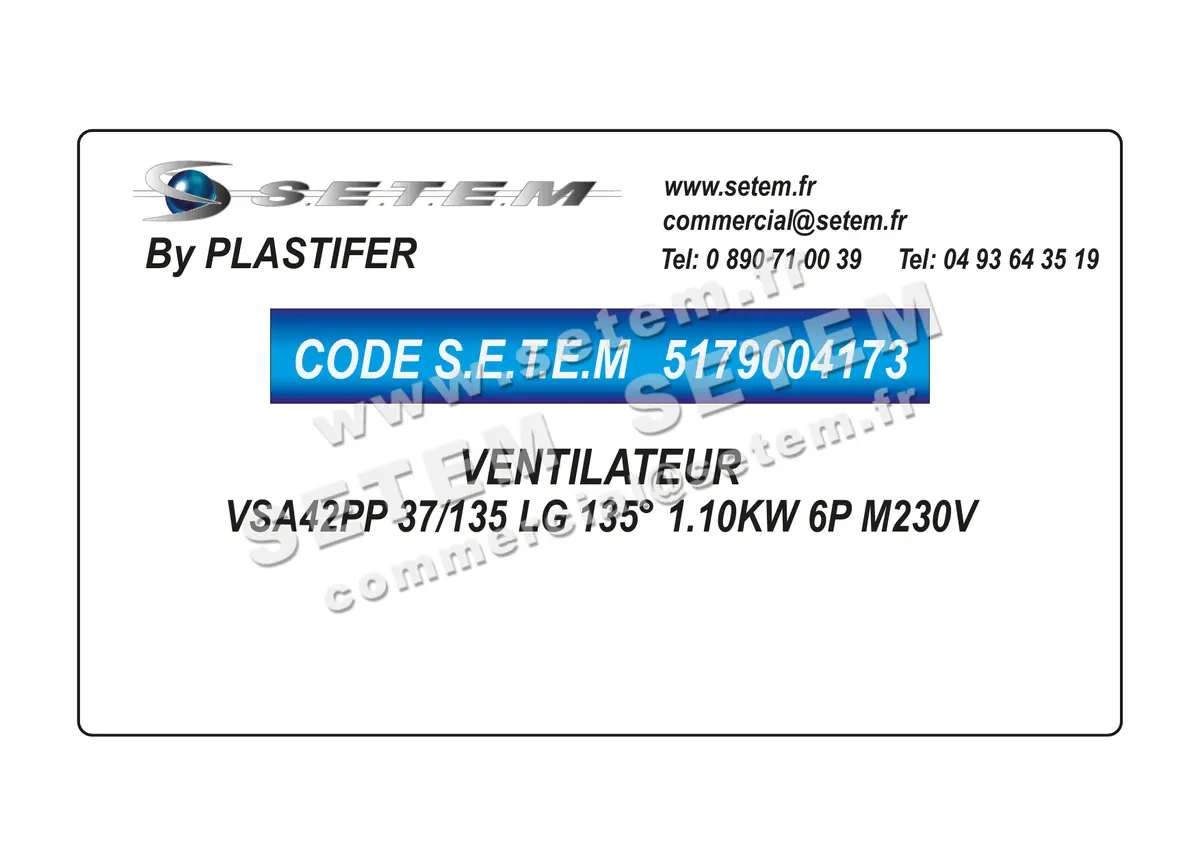 5179004173-VENTILATEUR PLASTIFER VSA42PP 37/135 LG 135° 1.10KW 6P M230V