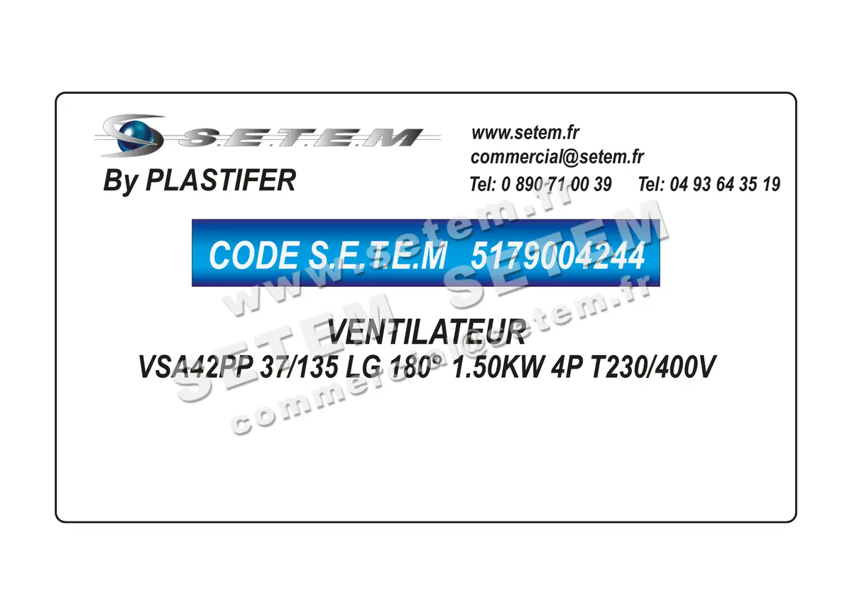 5179004244-VENTILATEUR PLASTIFER VSA42PP 37/135 LG 180° 1.50KW 4P T230/400V