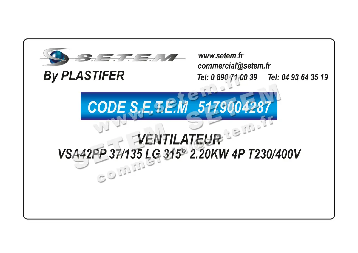 5179004287-VENTILATEUR PLASTIFER VSA42PP 37/135 LG 315° 2.20KW 4P T230/400V