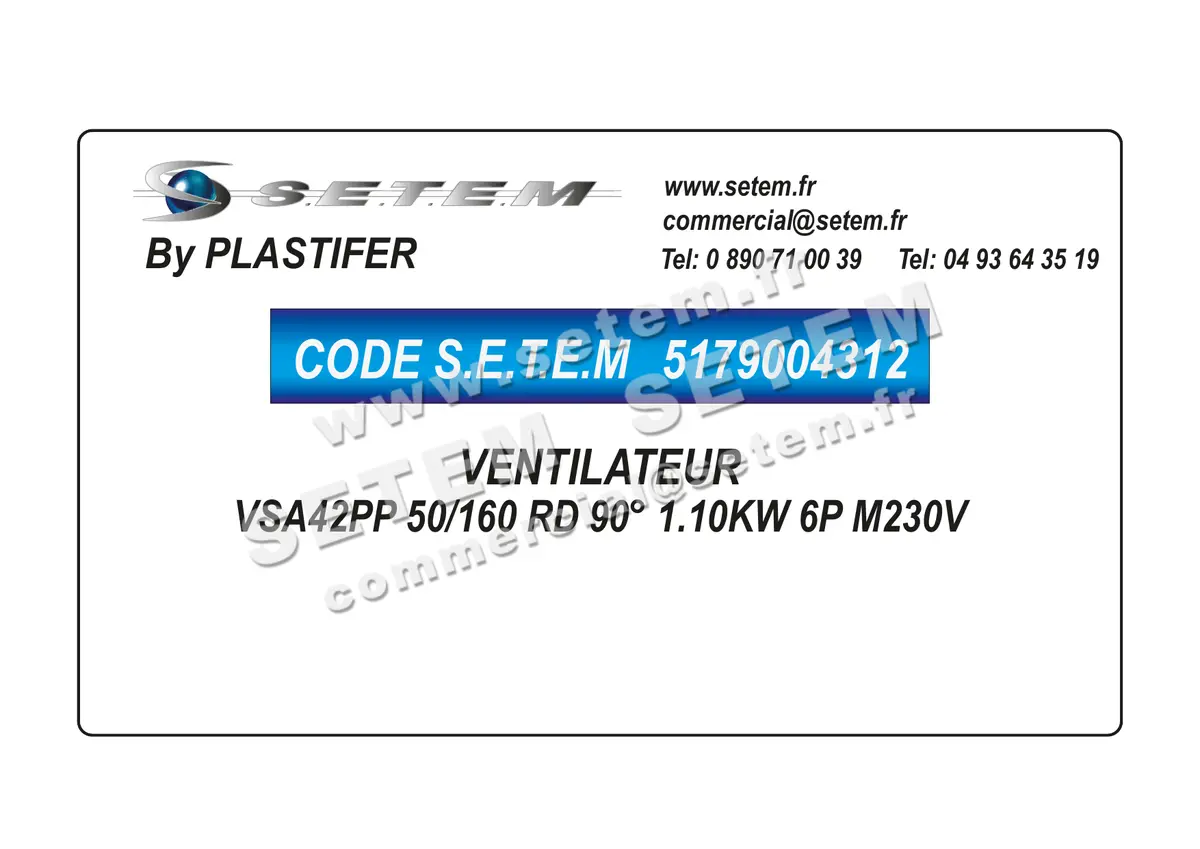 5179004312-VENTILATEUR PLASTIFER VSA42PP 50/160 RD 90° 1.10KW 6P M230V