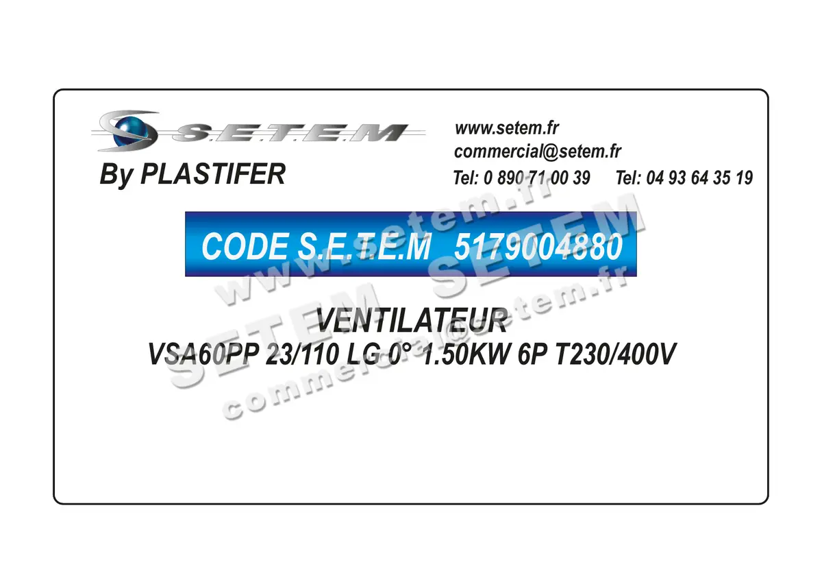 5179004880-VENTILATEUR PLASTIFER VSA60PP 23/110 LG 0° 1.50KW 6P T230/400V