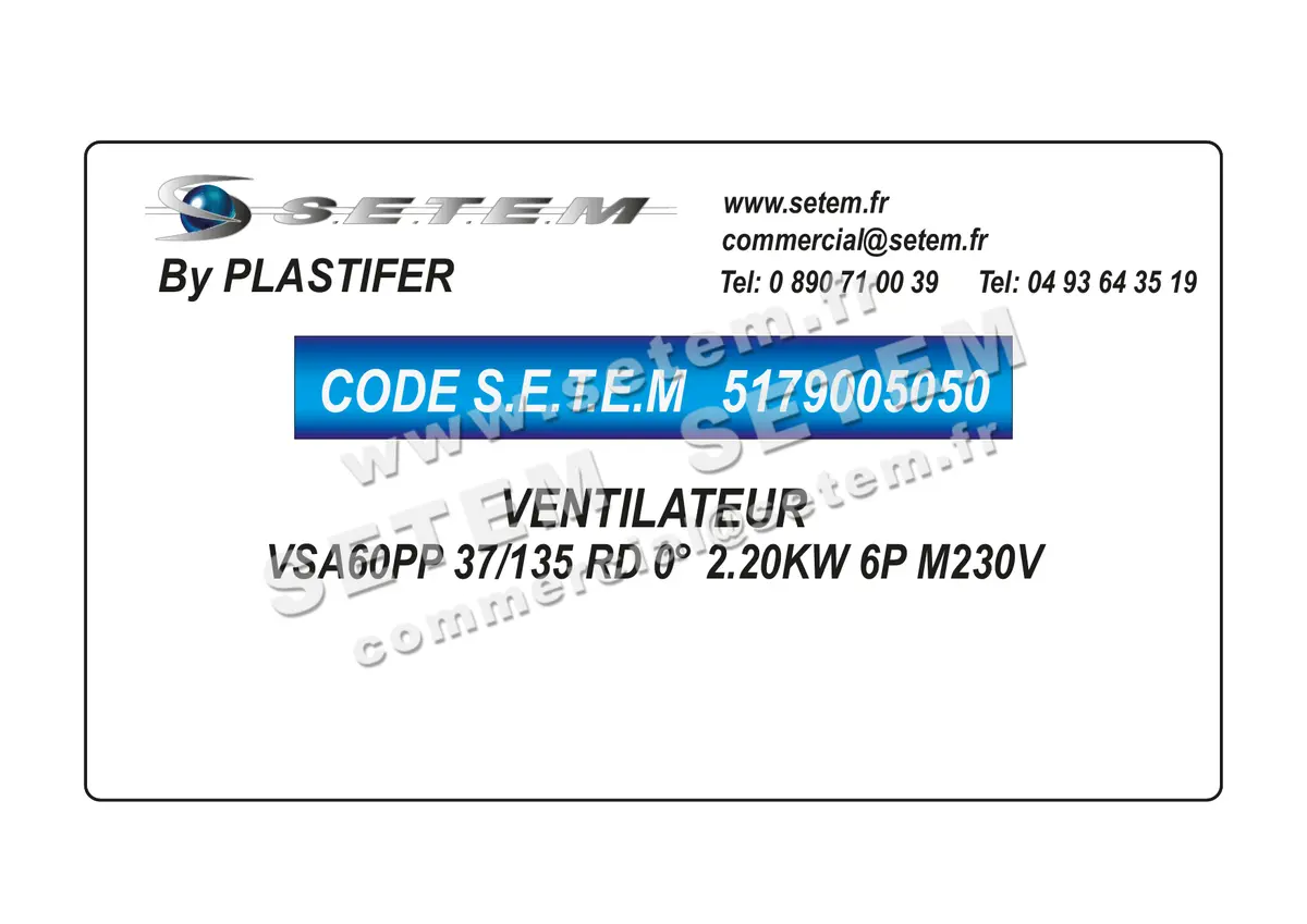 5179005050-VENTILATEUR PLASTIFER VSA60PP 37/135 RD 0° 2.20KW 6P M230V