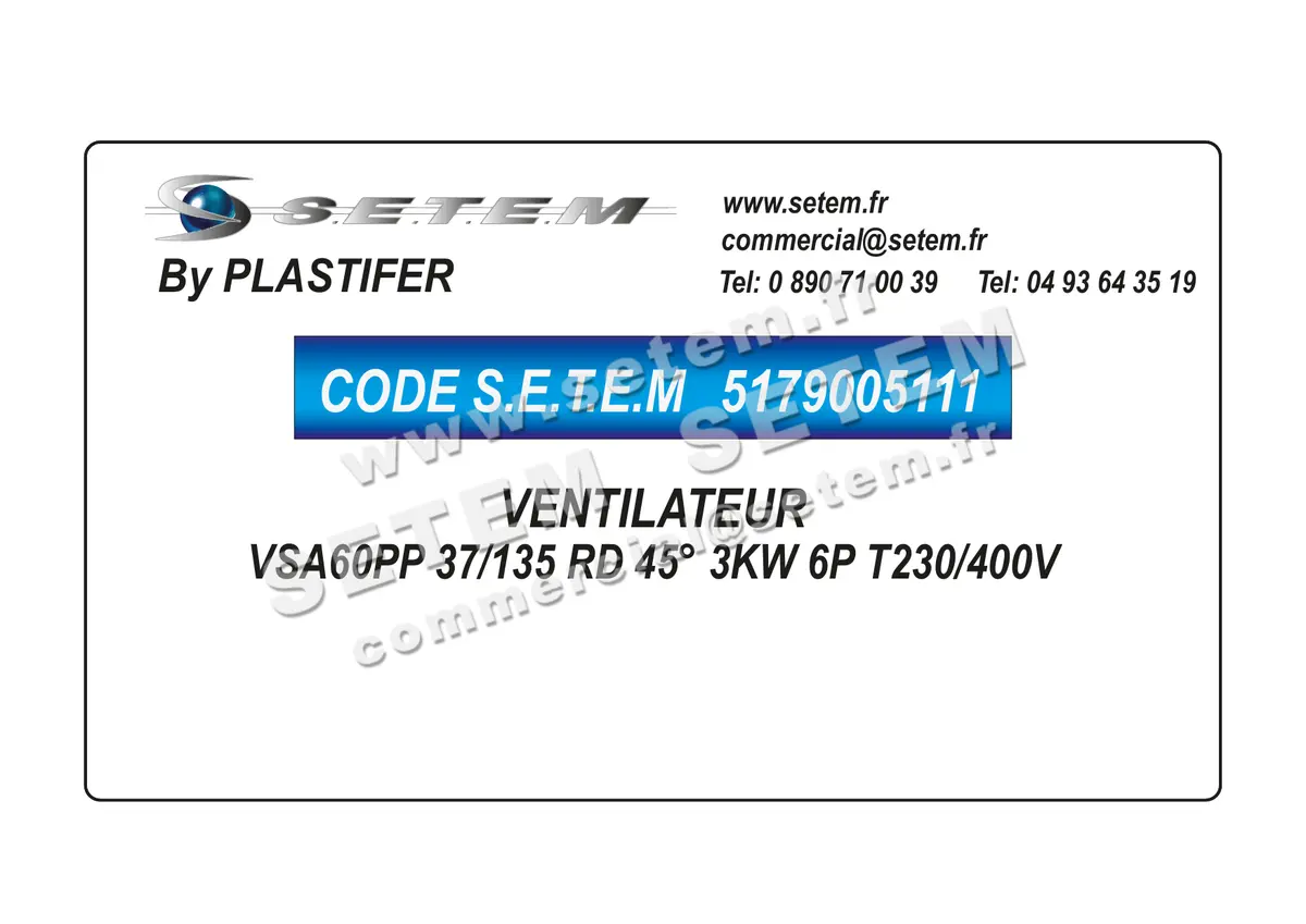 5179005111-VENTILATEUR PLASTIFER VSA60PP 37/135 RD 45° 3KW 6P T230/400V