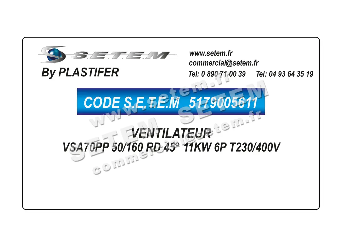 5179005611-VENTILATEUR PLASTIFER VSA70PP 50/160 RD 45° 11KW 6P T230/400V