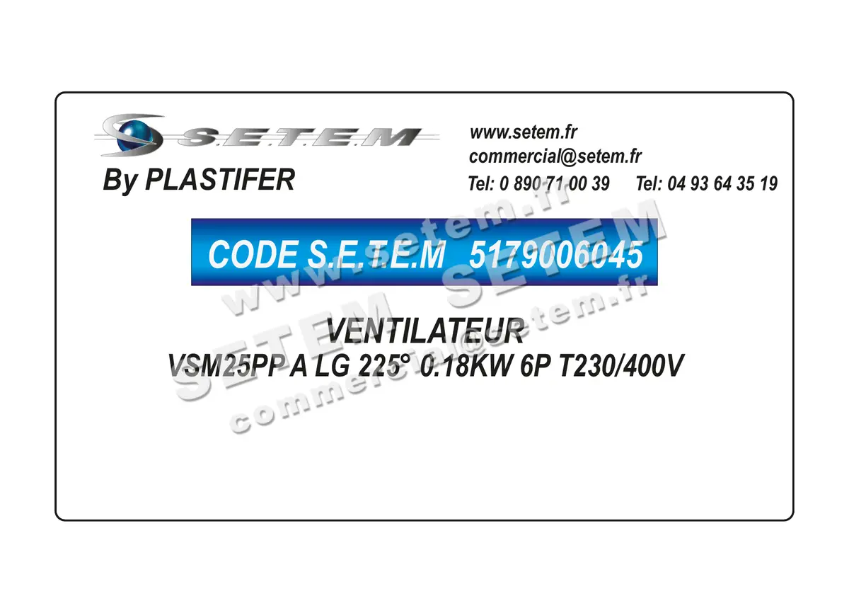 5179006045-VENTILATEUR PLASTIFER VSM25PP A LG 225° 0.18KW 6P T230/400V
