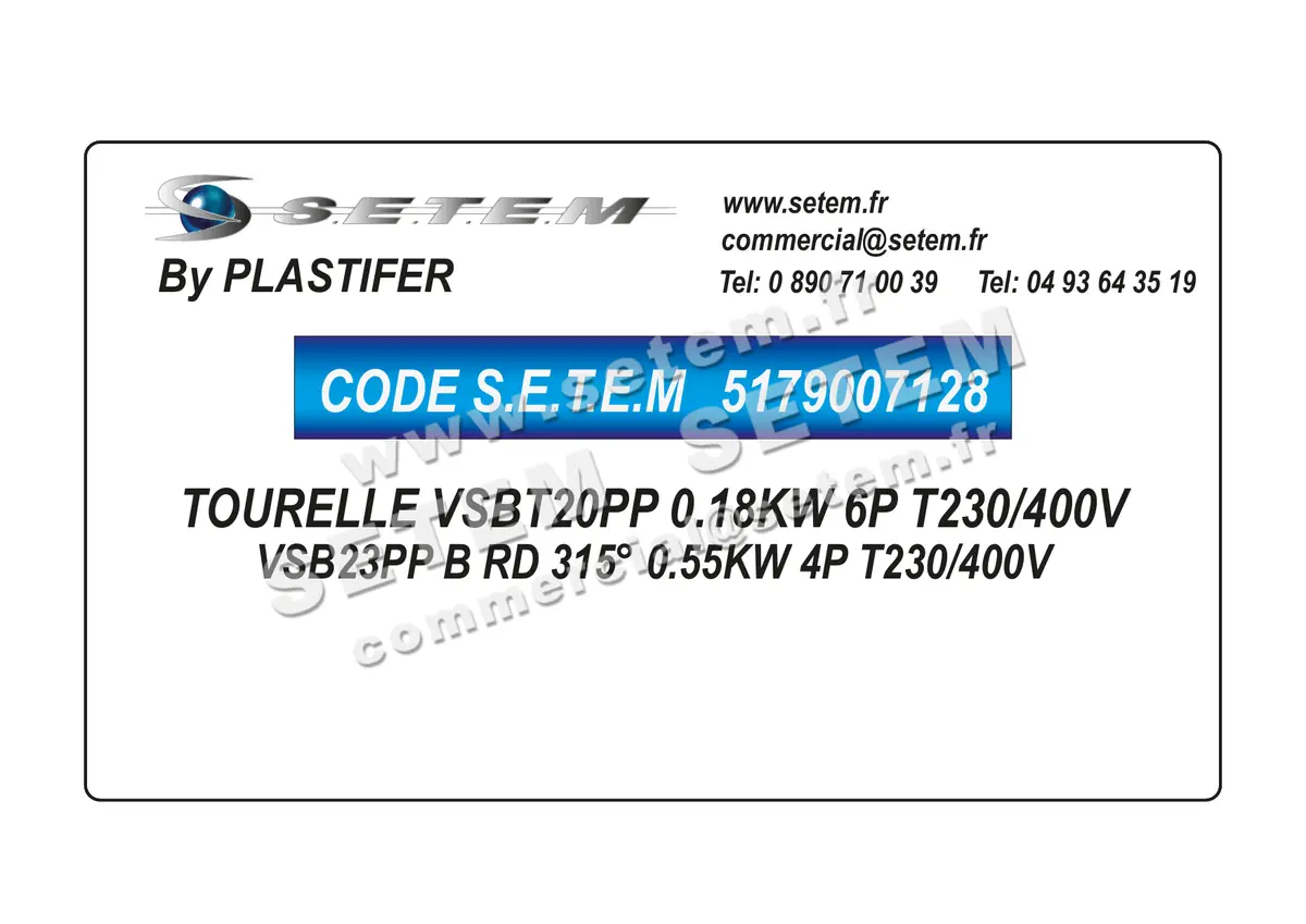 5179007128-TOURELLE PLASTIFER VSBT20PP 0.18KW 6P T230/400V