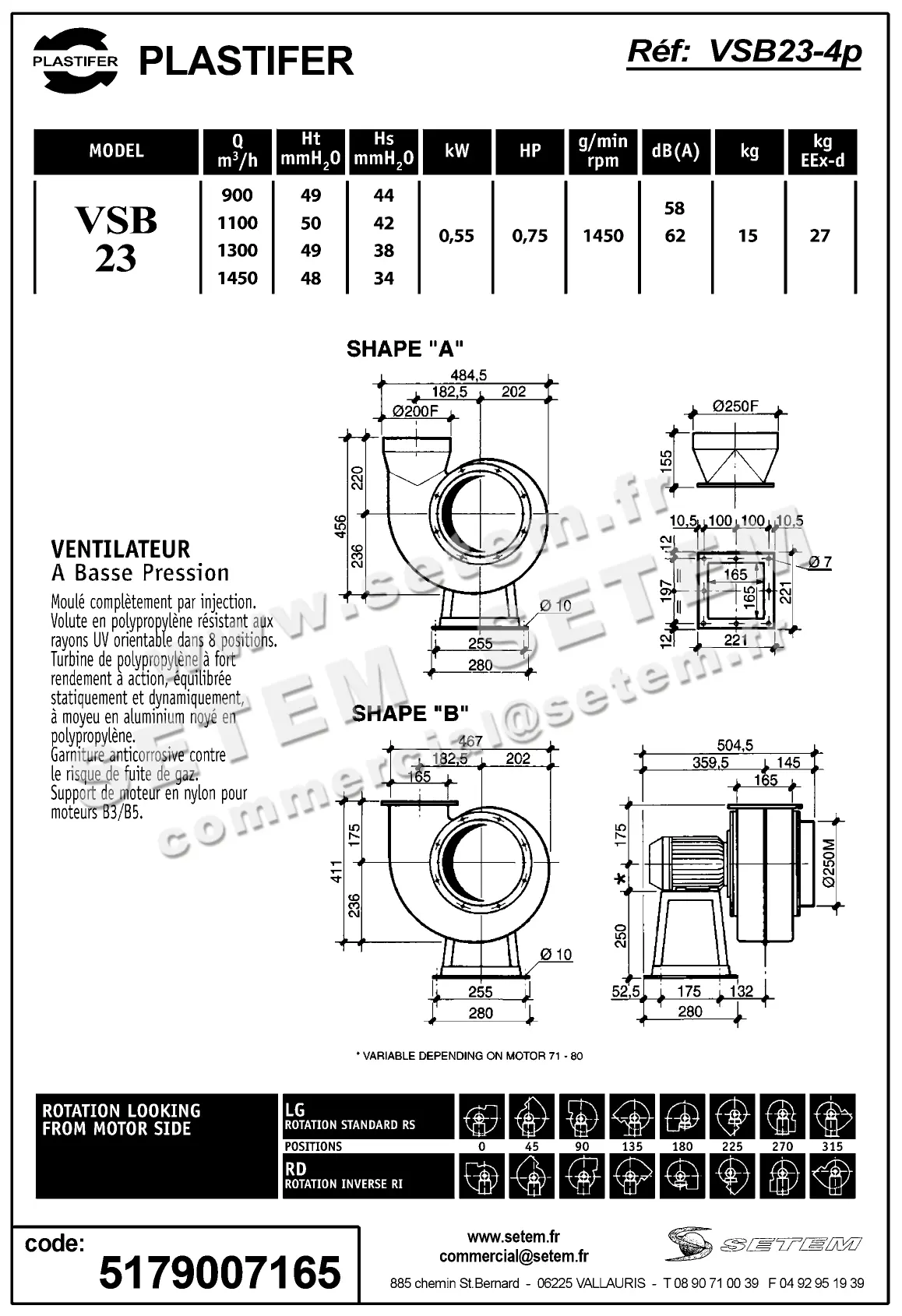 5179007165-VENTILATEUR PLASTIFER VSB23PP B LG 225° 0.55KW 4P T230/400V 2