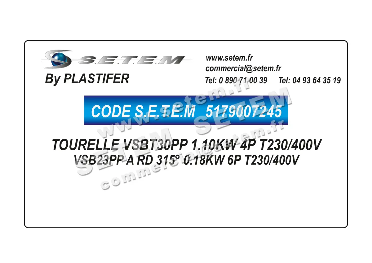 5179007245-TOURELLE PLASTIFER VSBT30PP 1.10KW 4P T230/400V 4