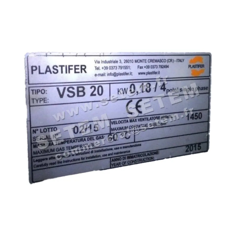 5179008052-VENTILATEUR PLASTIFER VSB20PP A RD 90° 0.18KW 4P M230V