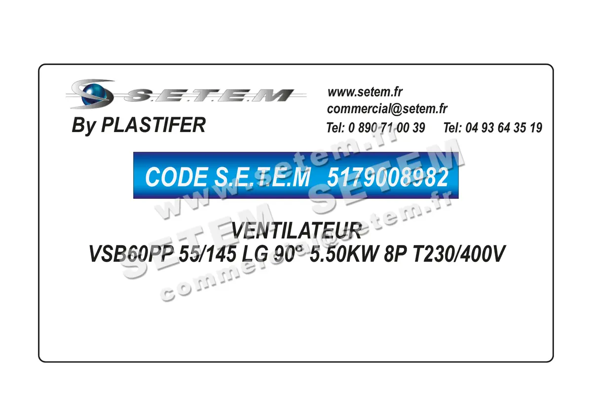 5179008982-VENTILATEUR PLASTIFER VSB60PP 55/145 LG 90° 5.50KW 8P T230/400V