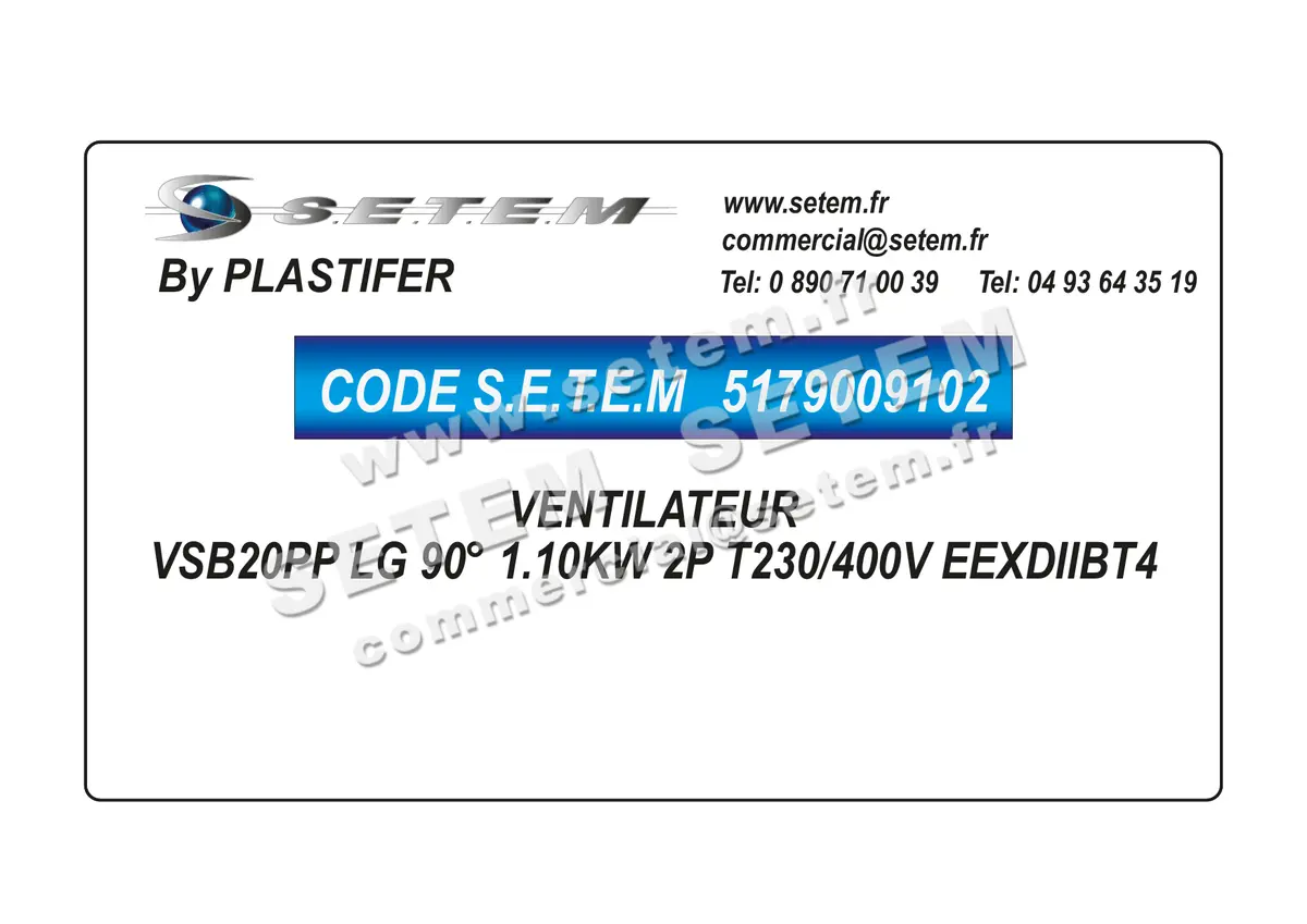 5179009102-VENTILATEUR PLASTIFER VSB20PP LG 90° 1.10KW 2P T230/400V EEXDIIBT4