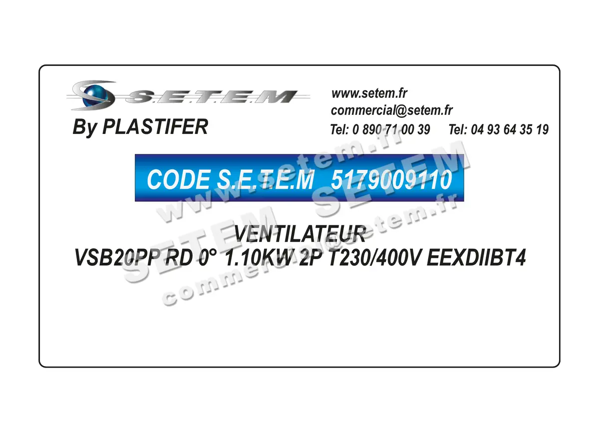 5179009110-VENTILATEUR PLASTIFER VSB20PP RD 0° 1.10KW 2P T230/400V EEXDIIBT4