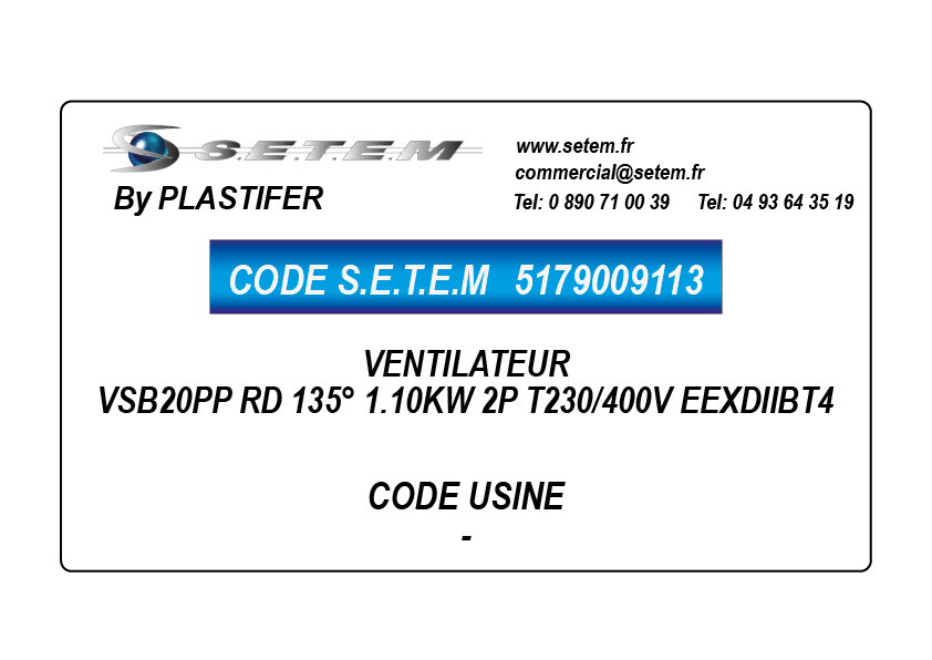 5179009113-VENTILATEUR PLASTIFER VSB20PP RD 135° 1.10KW 2P T230/400V EEXDIIBT4
