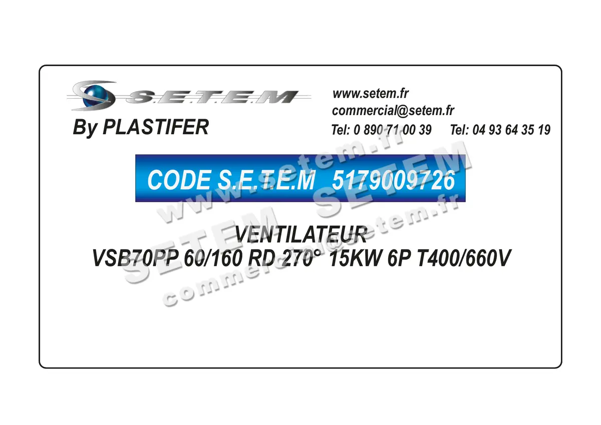 5179009726-VENTILATEUR PLASTIFER VSB70PP 60/160 RD 270° 15KW 6P T400/660V