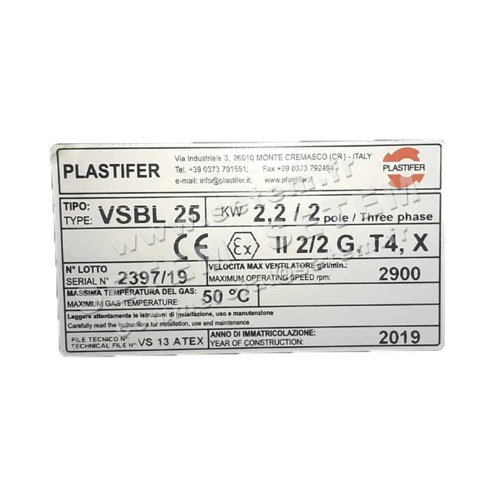 5179009950-VENTILATEUR PLASTIFER VSBL25 A LG 0° 2.20KW 2P T230/400V EXII2/2GT4X