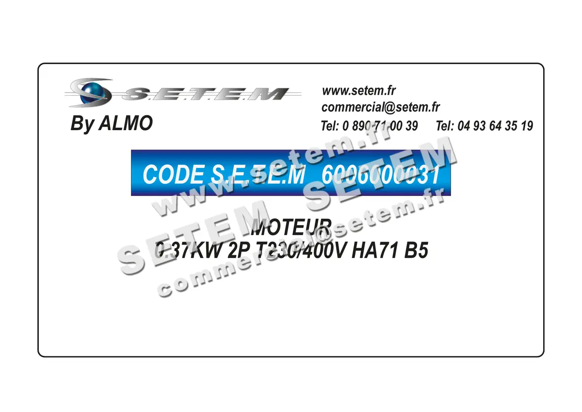 6006000031-MOTEUR ALMO 0.37KW 2P T230/400V HA71 B5