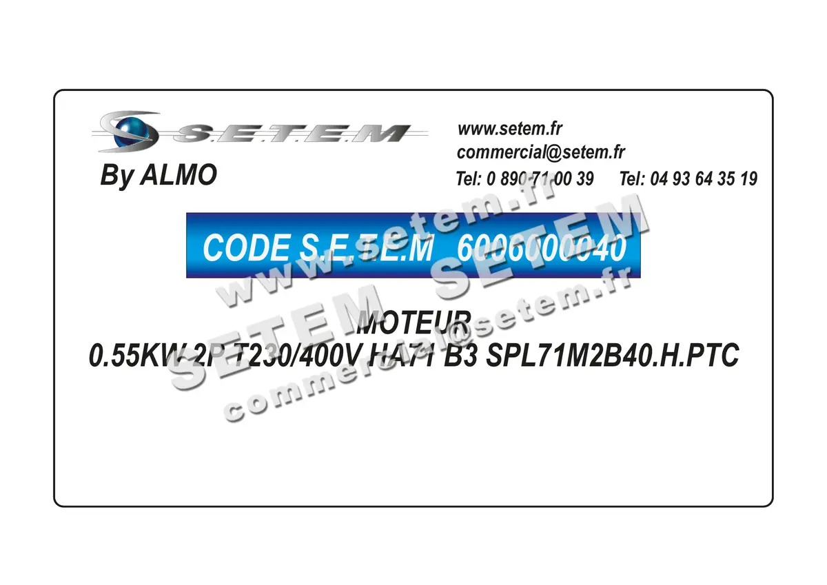 6006000040-MOTEUR ALMO 0.55KW 2P T230/400V HA71 B3 SPL71M2B40.H.PTC