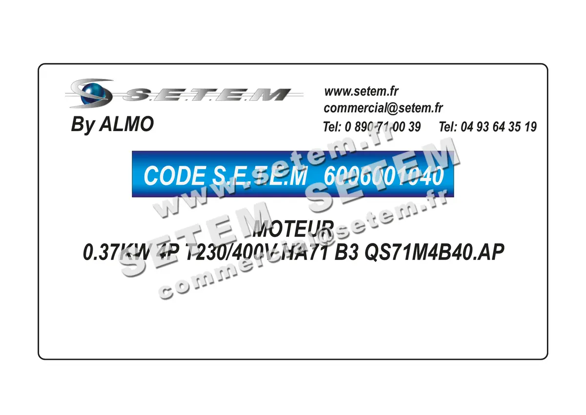6006001040-MOTEUR ALMO 0.37KW 4P T230/400V HA71 B3 QS71M4B40.AP 4